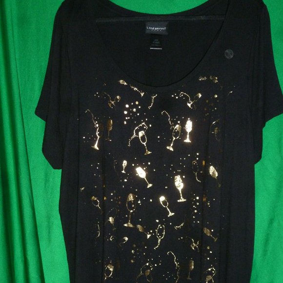 Lane Bryant Black w/golden Champagne Glasses Toast Cheers Knit Shirt Top Tee - Picture 1 of 9